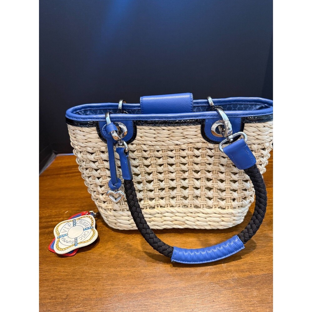Brighton Woven Straw Tote Bag Blue Leather Trim Nautical VIP Cruise Charm Basket